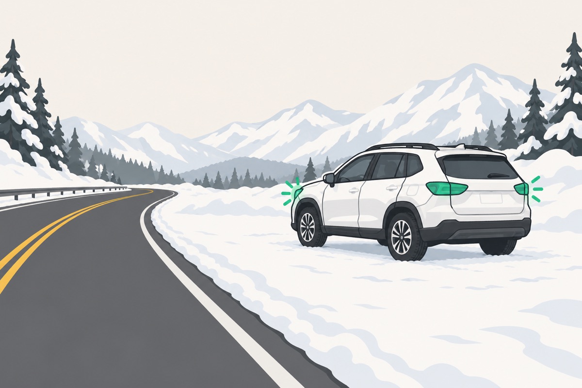 A car pulled well off a snowy mountain road onto a wide pullout with its hazard lights on