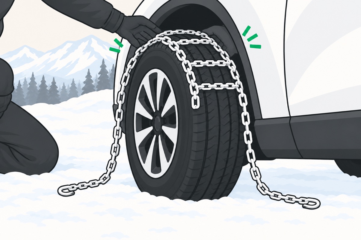 A ladder tire chain draped over the top of a tire, hanging down both sides, the loose ends on the snow
