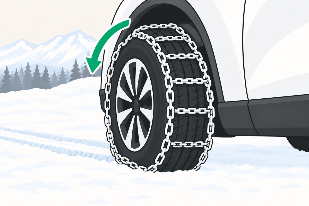 The tire has rolled forward onto the chain, which now wraps all the way around it
