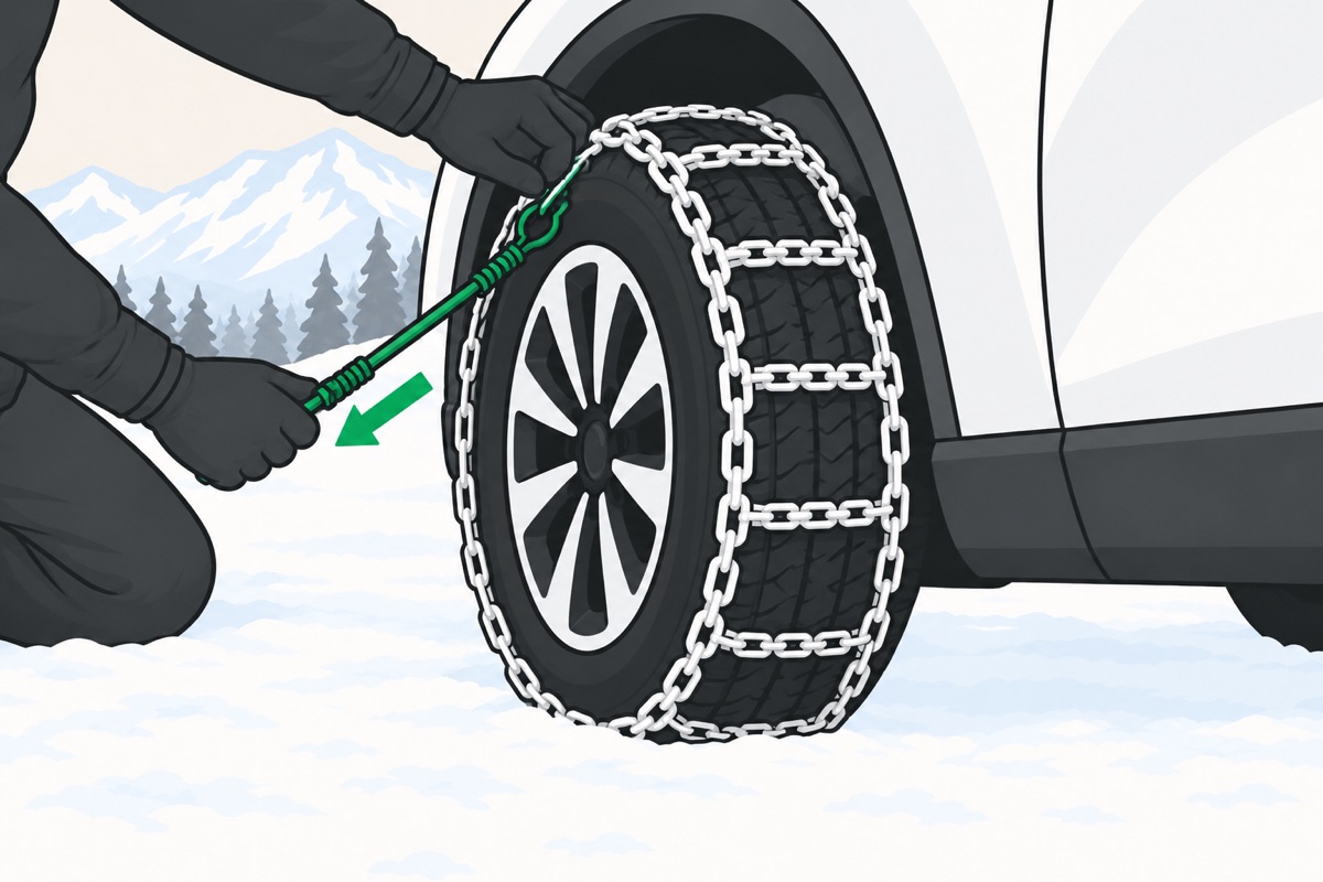 Gloved hands pulling the outer fastener so the chain sits snug on the tread
