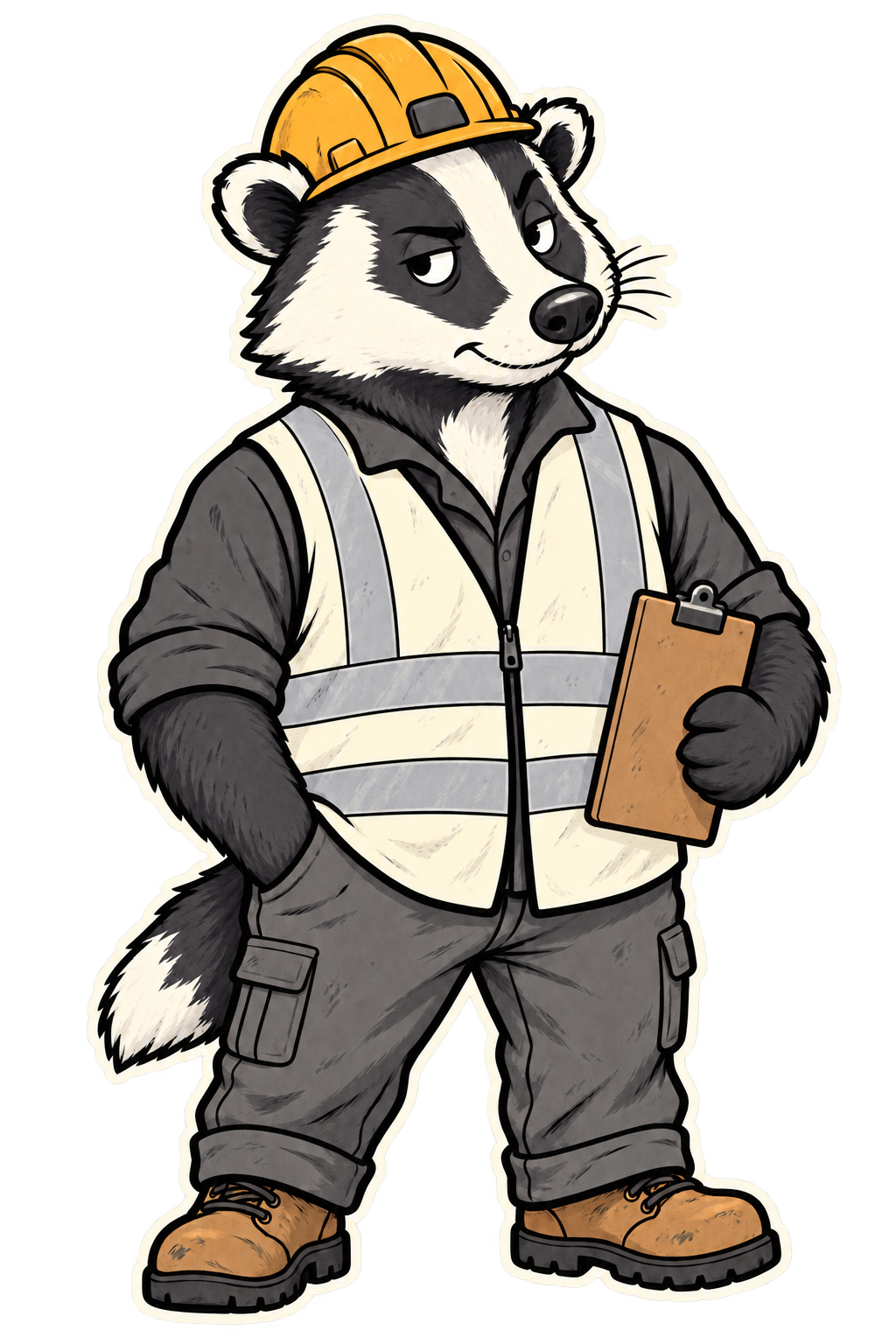 Roy, MileCheck's road-crew foreman — a badger in a hard hat and hi-vis vest holding a clipboard