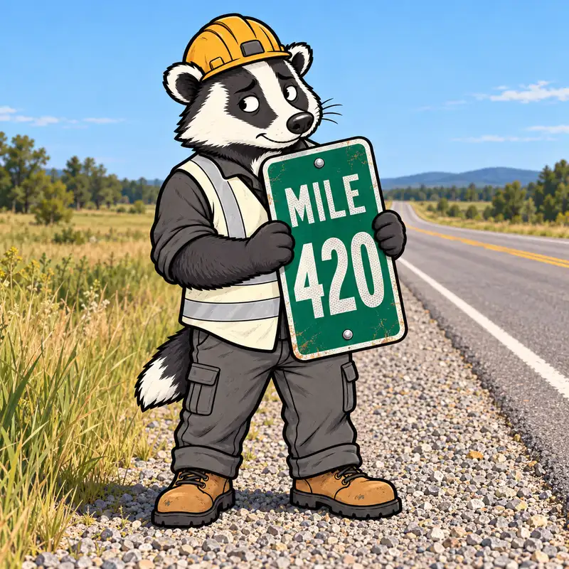 Roy, the MileCheck badger in a hard hat and safety vest, holding a green MILE 420 sign on a highway shoulder