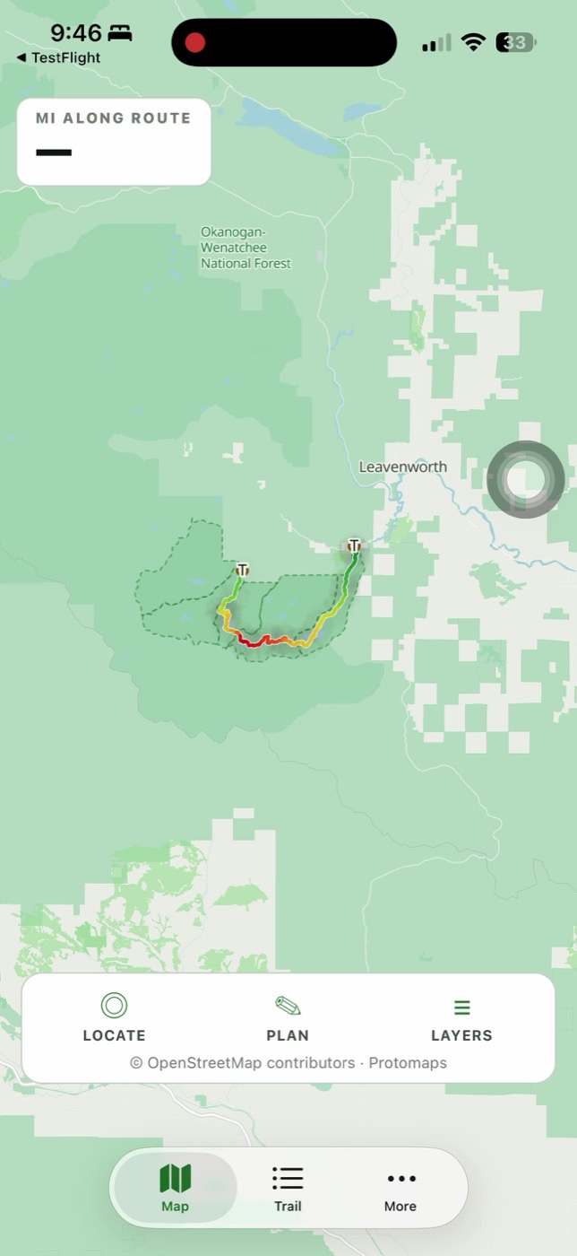 Enchantments Traverse Planner showing the route and permit zones on an offline map