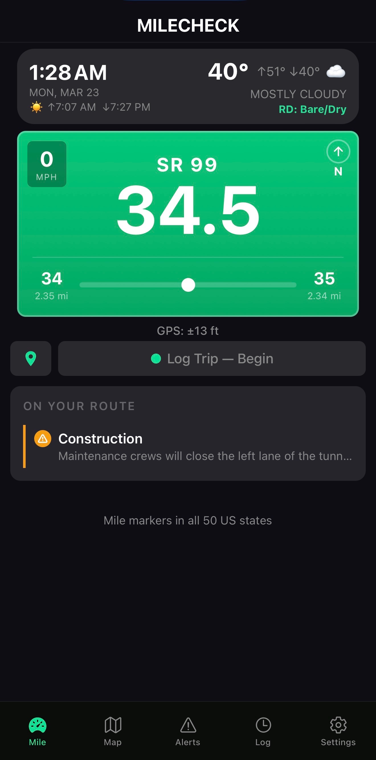 MileCheck mile marker screen