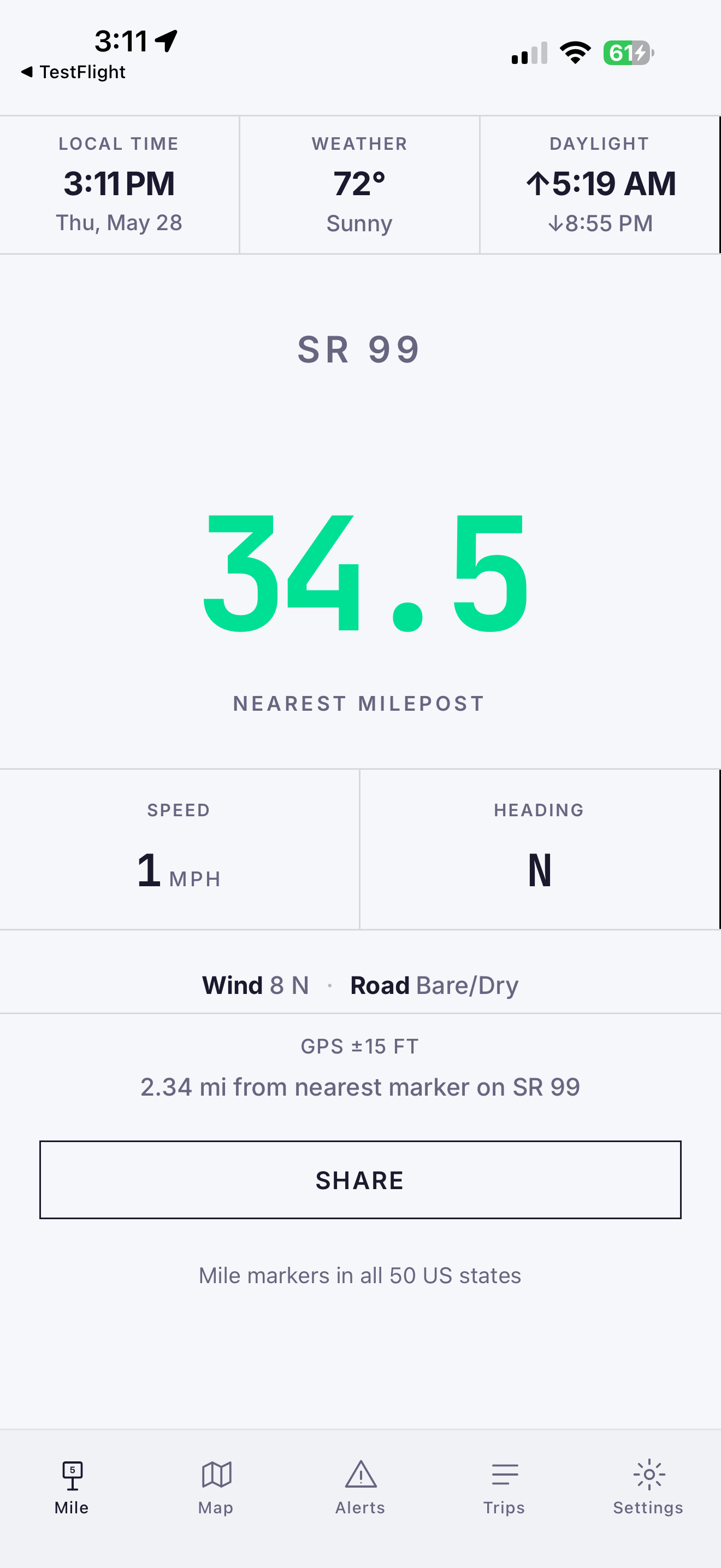 Mile tab showing nearest mile marker