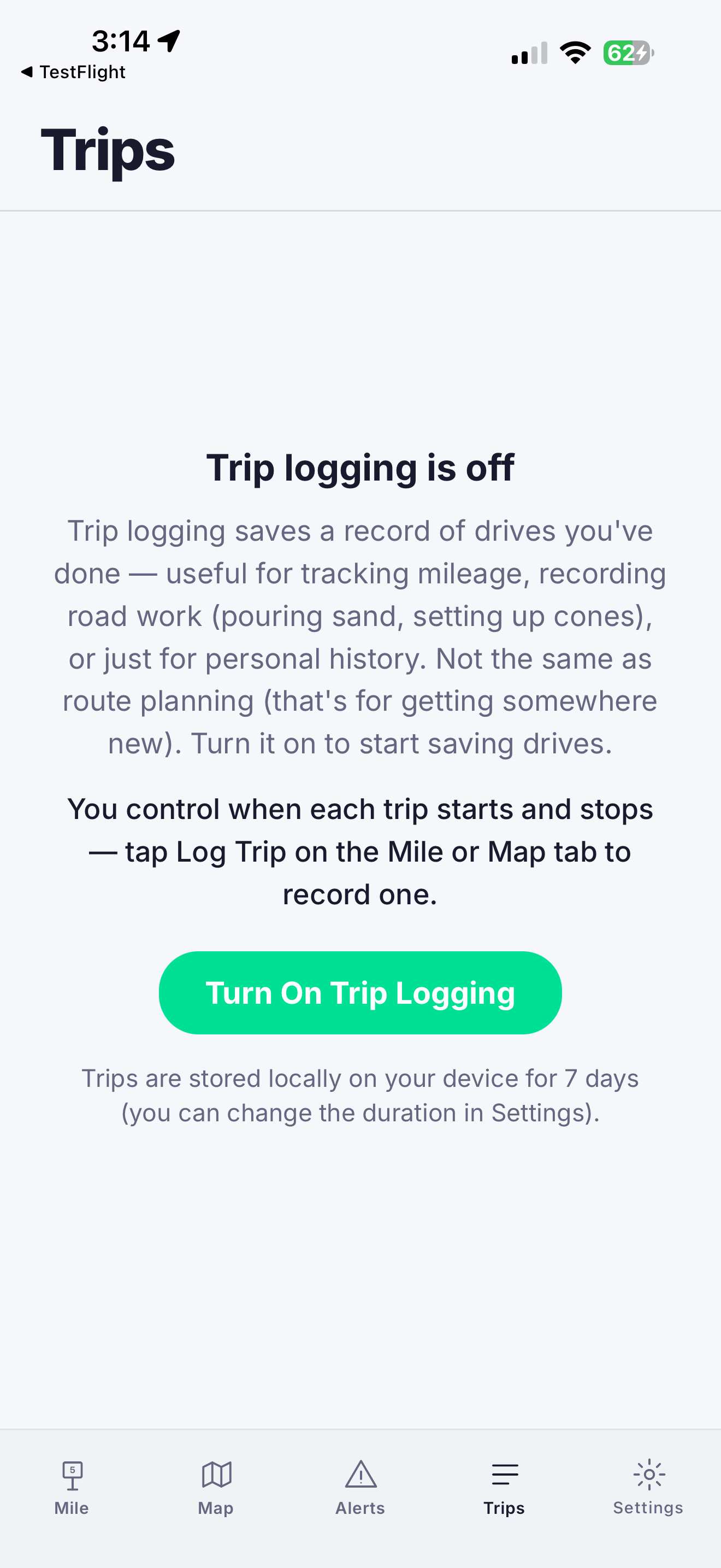 Trips tab off by default