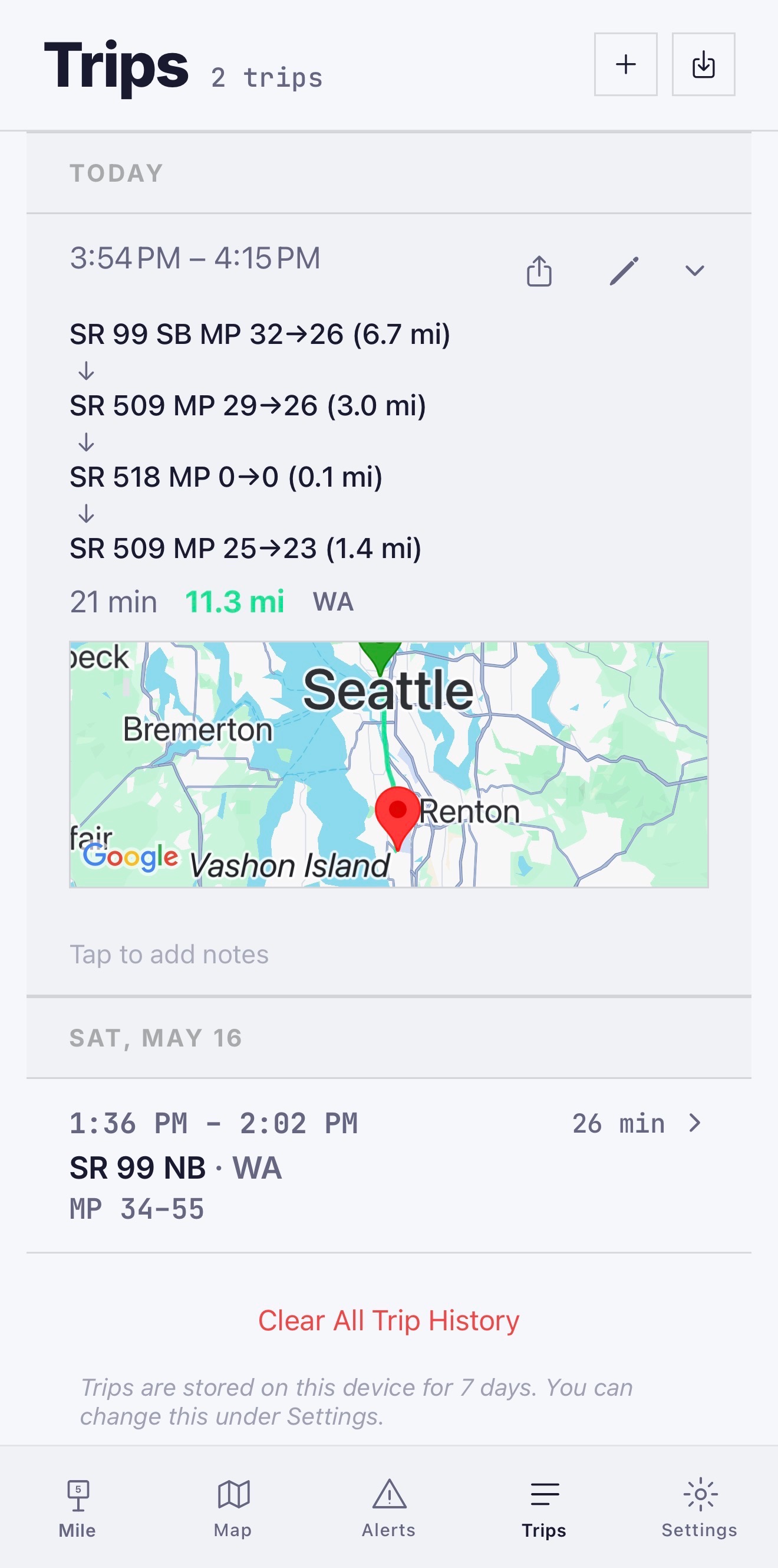 Trips tab live multi-route log