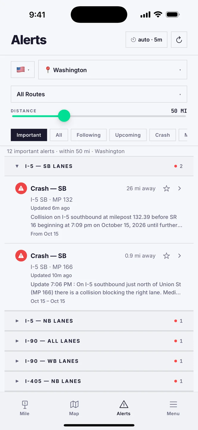 Alerts tab with live crash alerts on I-5 in Washington
