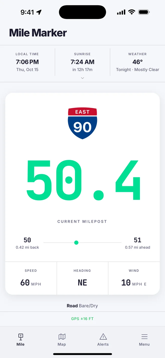 Mile tab showing I-90 East at mile 50.4