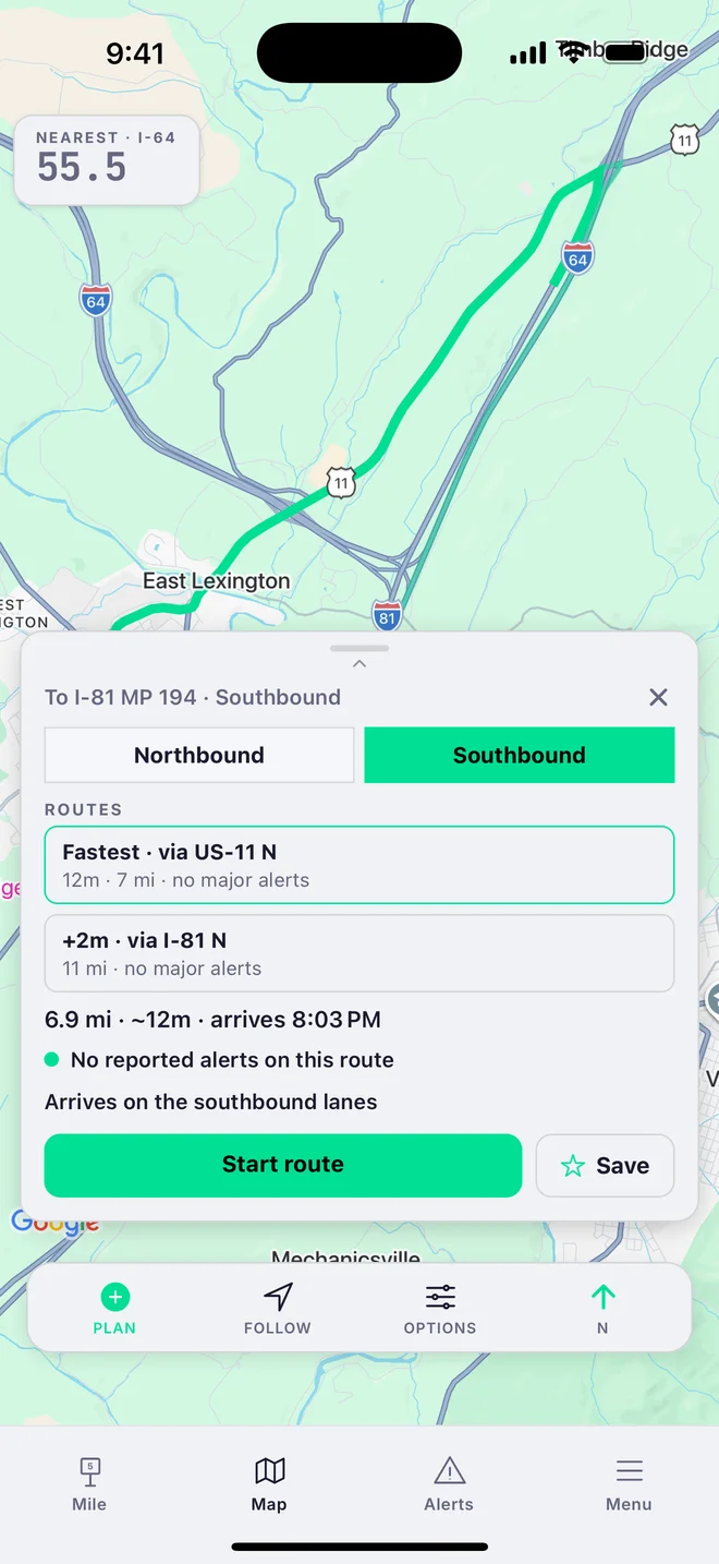 Map with a planned route to I-81 mile 194 southbound