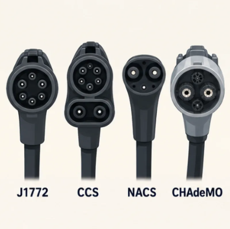 The four EV plug types: J1772, CCS, NACS and CHAdeMO