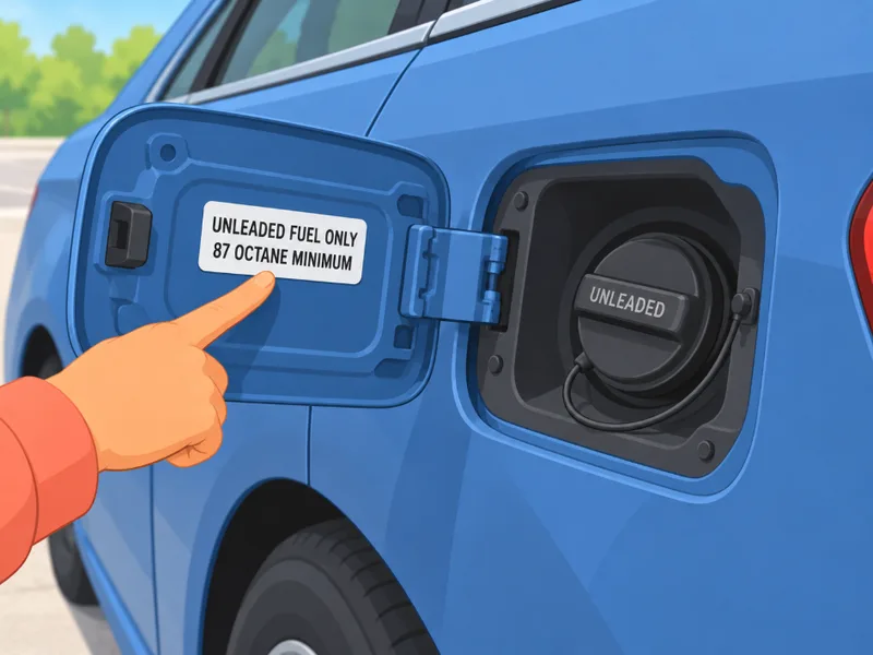 Tapa del tanque abierta con una etiqueta que indica usar solo gasolina sin plomo, mínimo 87 octanos