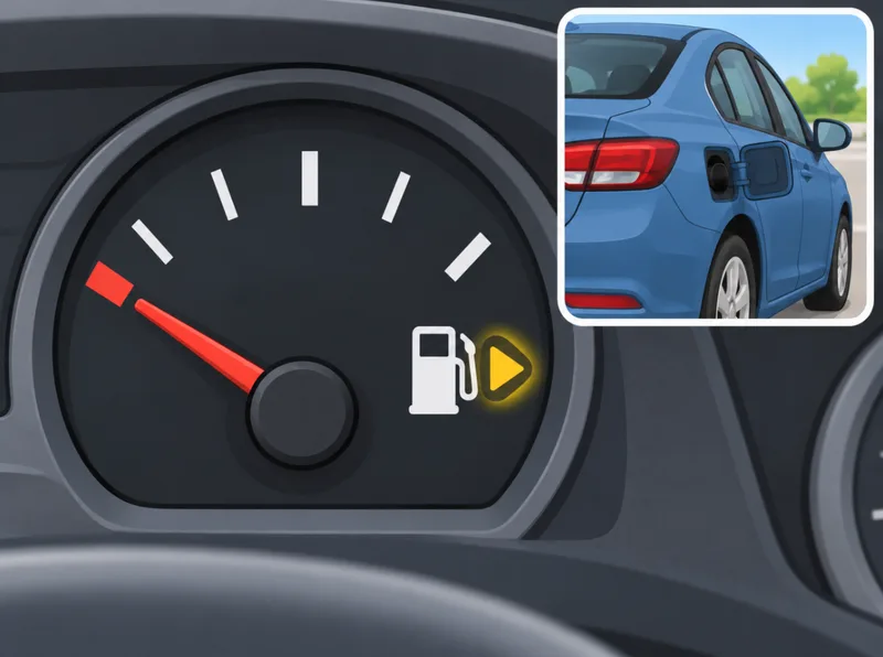 Indicador de combustible con una flecha junto al símbolo de la bomba de gasolina que apunta hacia la derecha, y un carro con la tapa del tanque en el lado derecho
