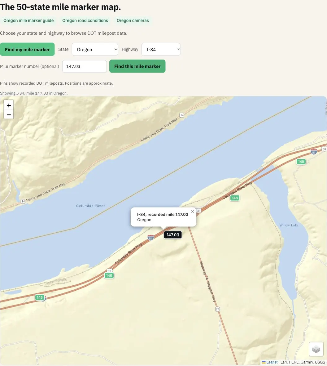 MileCheck map with Oregon and I-84 selected, showing the recorded milepost at 147.03.