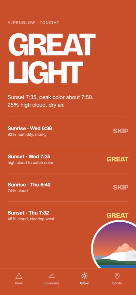 Mountain Visibility Forecast screenshot: Sunrise and sunset light