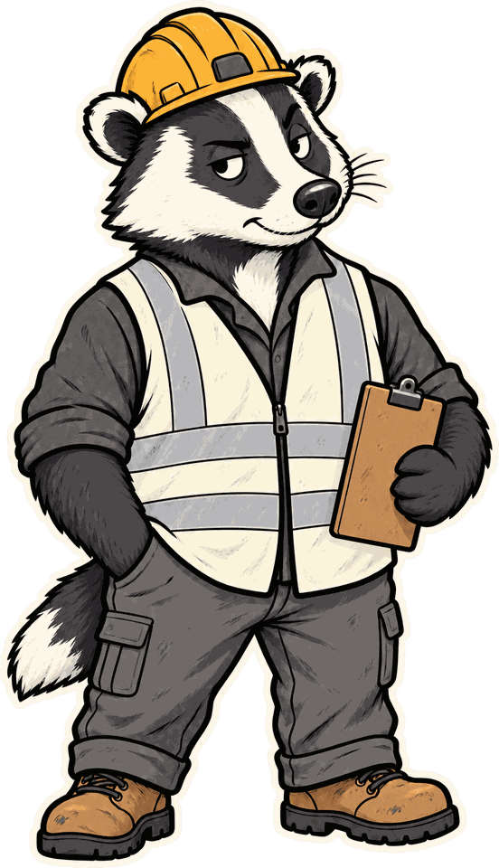Roy, MileCheck's road-crew foreman — a badger in a hard hat and hi-vis vest holding a clipboard