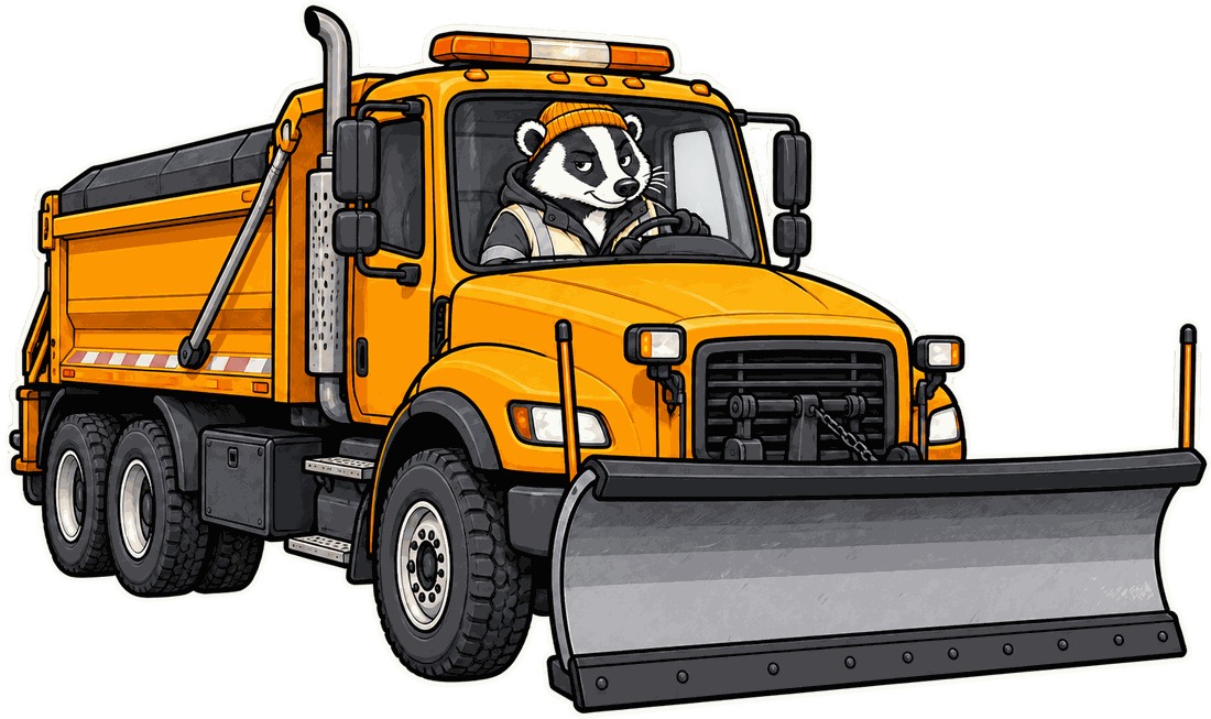 Roy the badger driving a snowplow