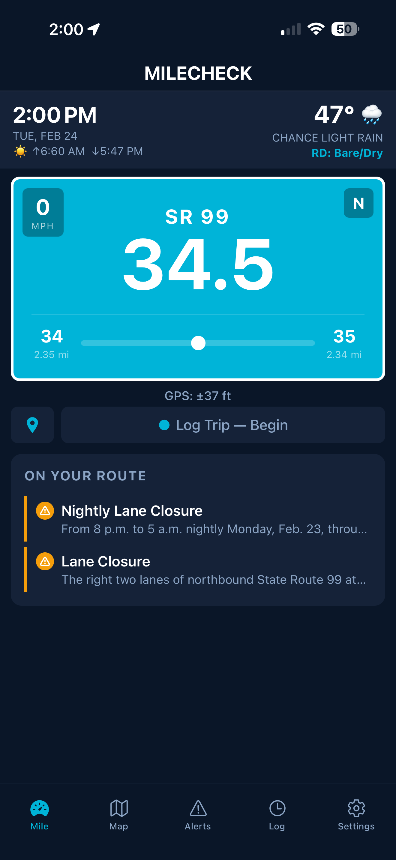 MileCheck mile marker screen